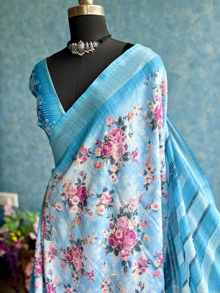 Blue Linen Digital Print with Kantha stitch