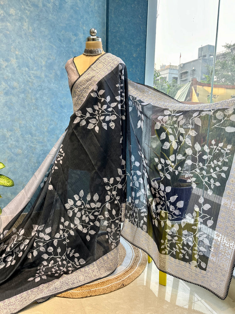 Dark Grey Embroidery And Leaf Printed Sari