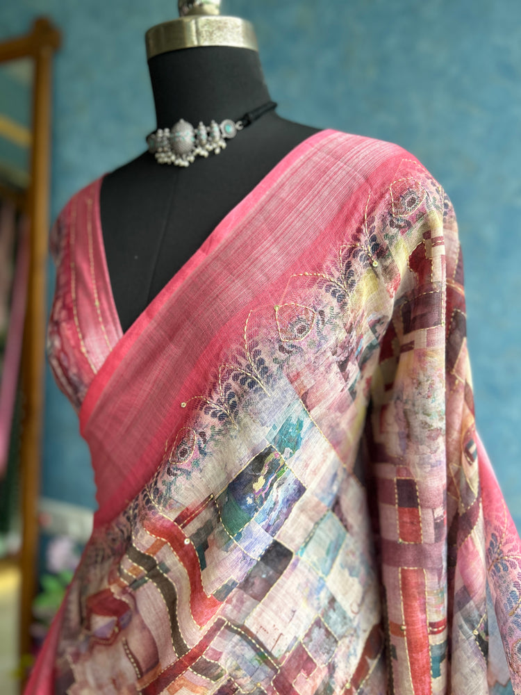 Linen Digital Print with Kantha stitch