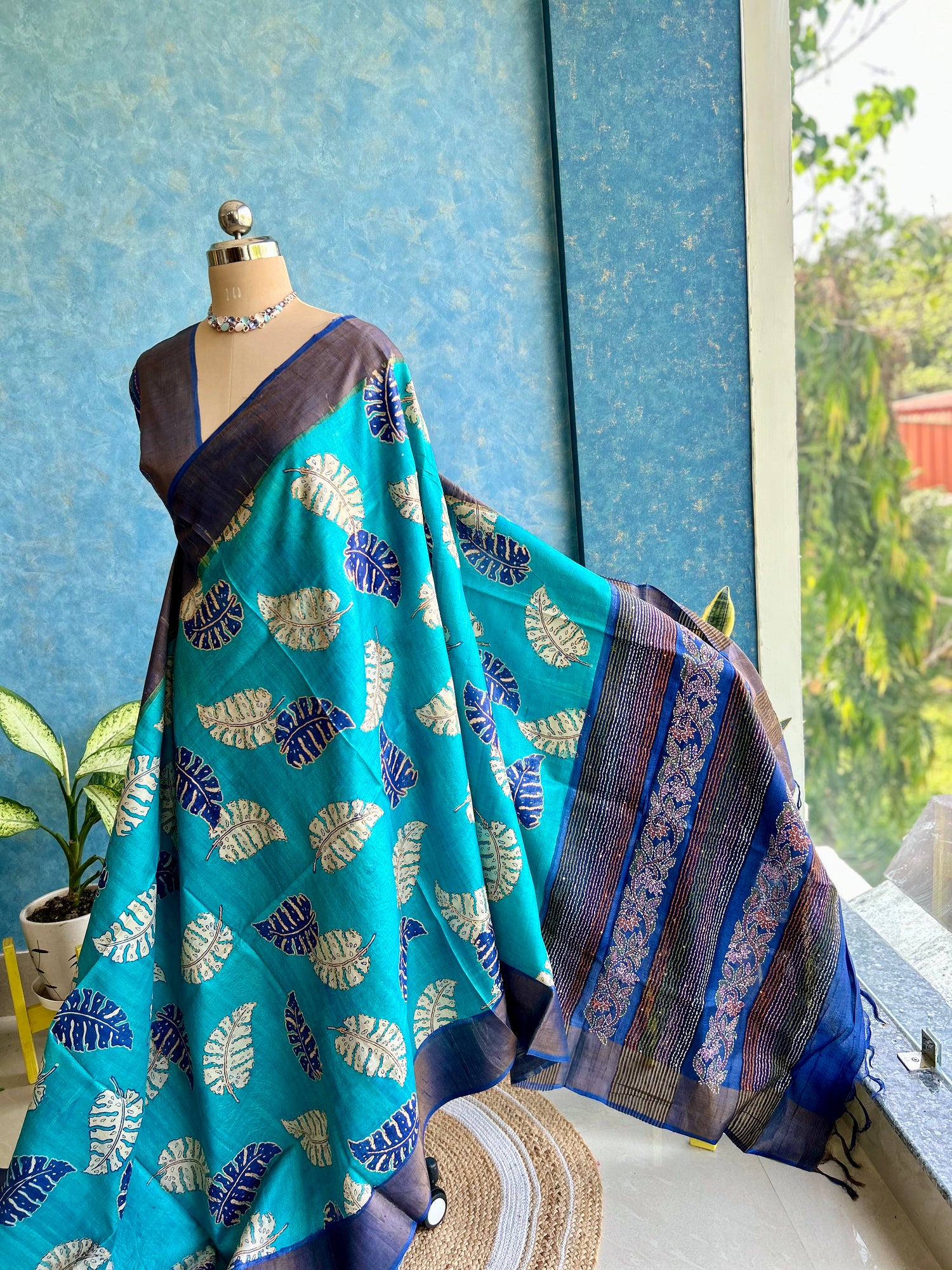Sky Blue Handpaint with Katha Stitch on Pure Tussar Silk — view 3