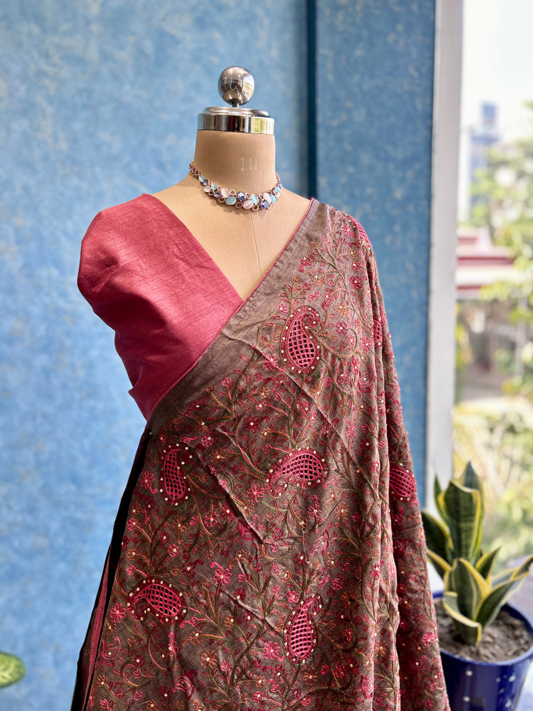 Coffee Brown Cutwork Embroidery Sari