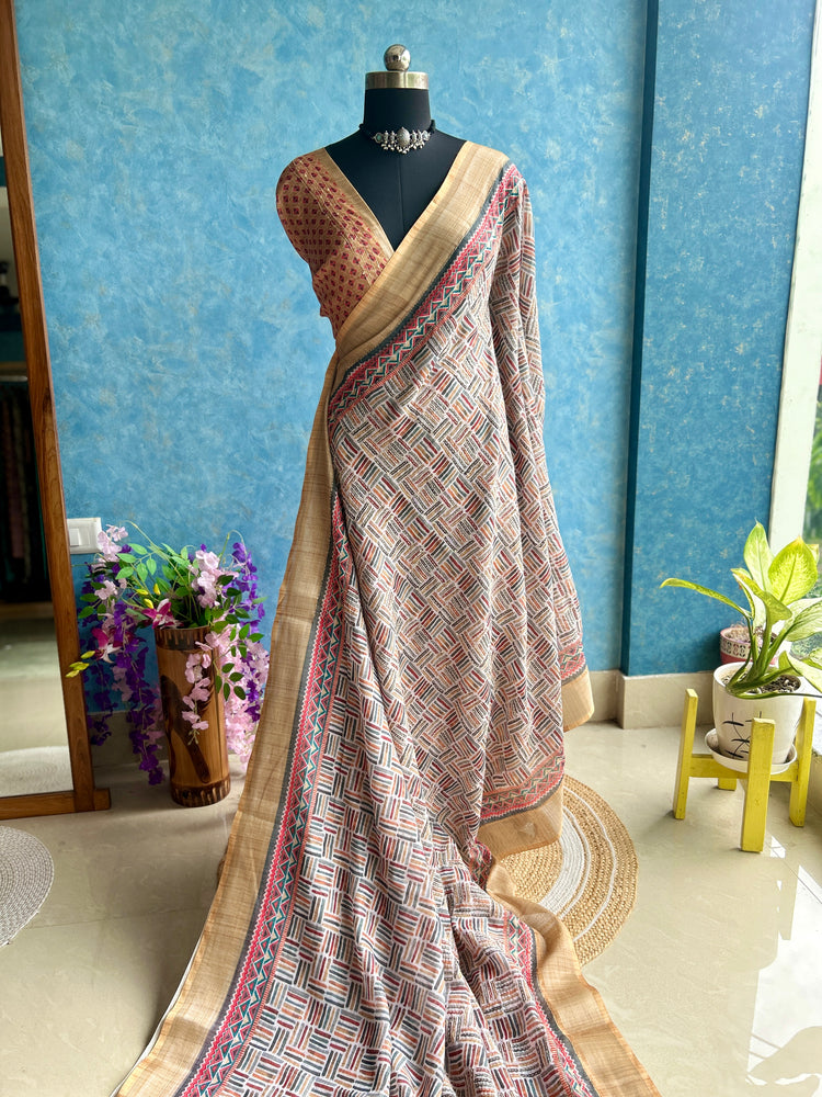 Multi color Linen Digital Print with Kantha stitch