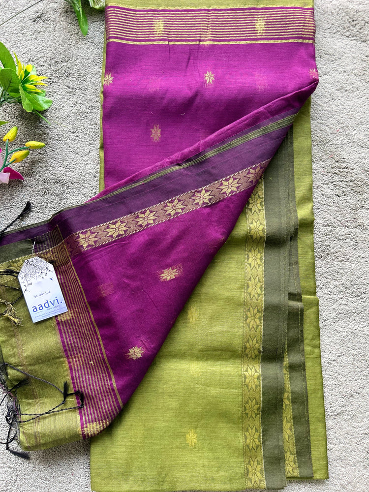 Handwoven Mahendi Green with Magenta Cotton Silk Sari