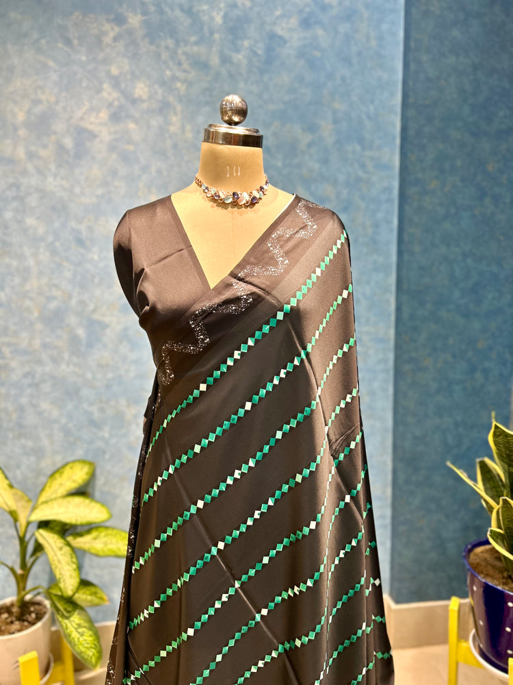 Beautiful Black and Green Satin Sari