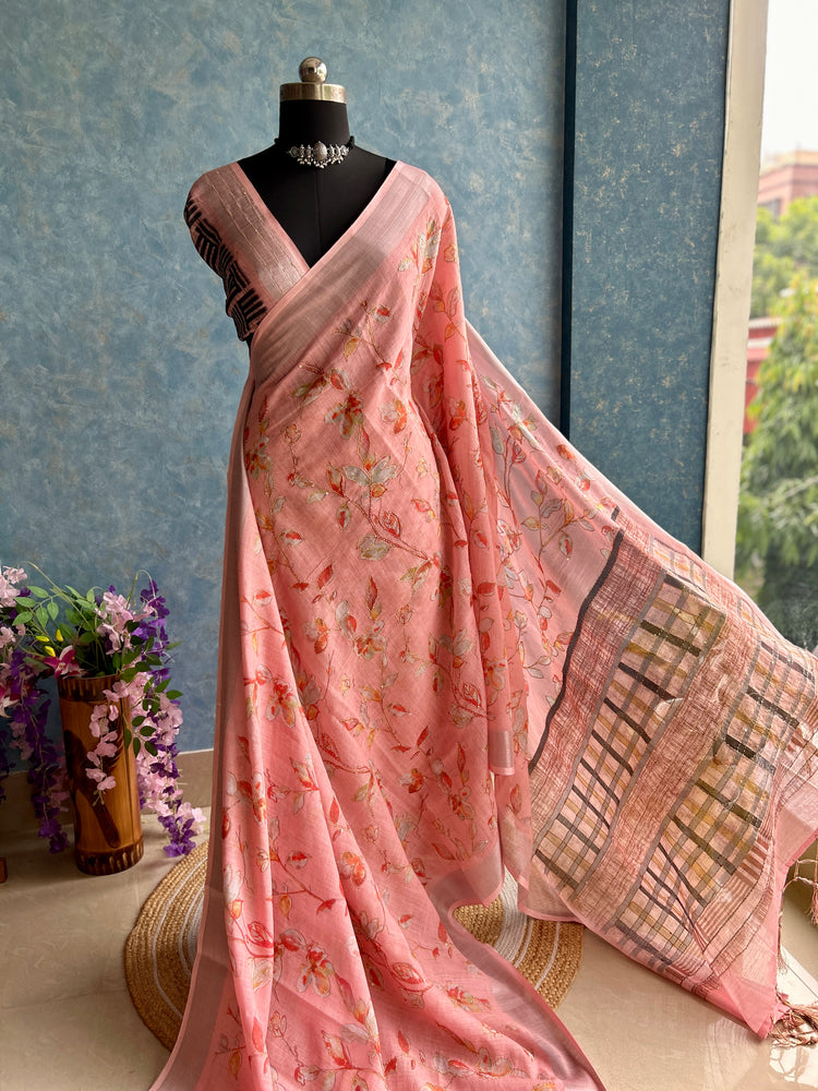 Peach Linen Digital Print with Kantha stitch