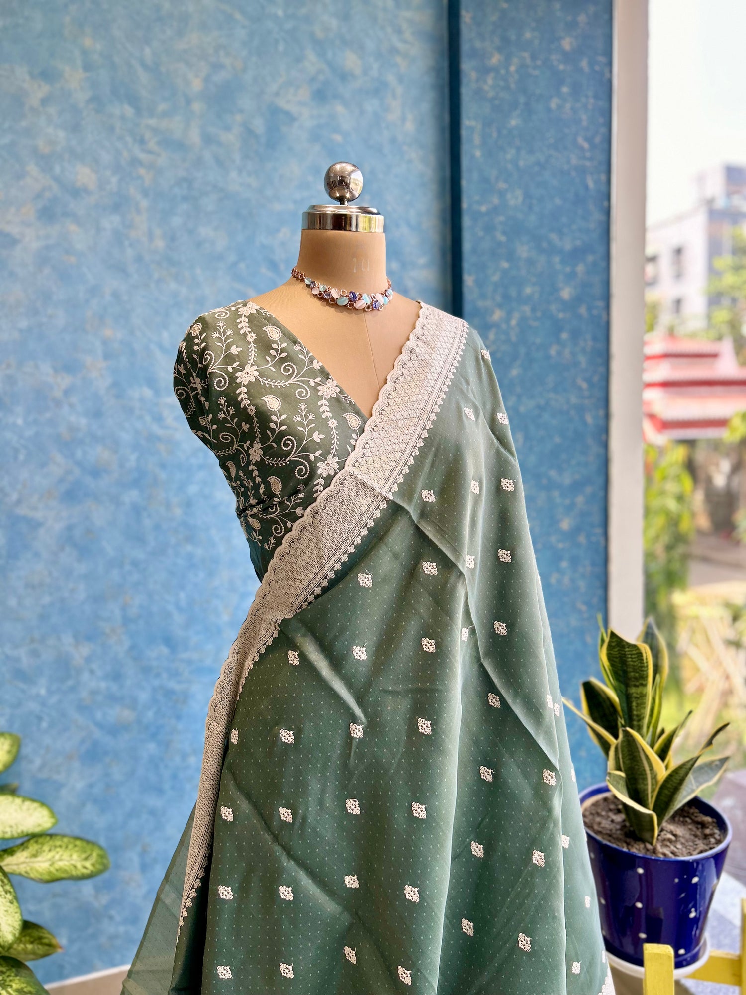 Clearspring Green Embroidery Sari — view 2