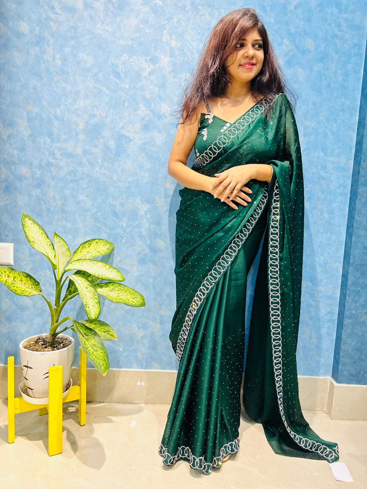 AD Stone work on Green Satin Georgette Sari