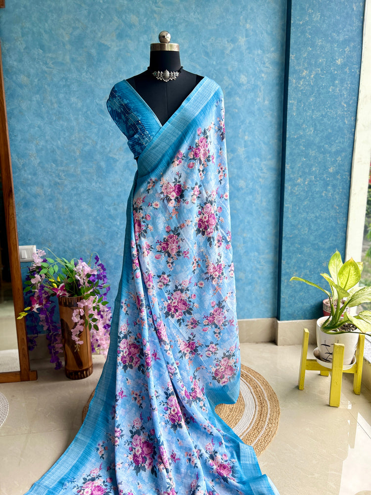 Blue Linen Digital Print with Kantha stitch