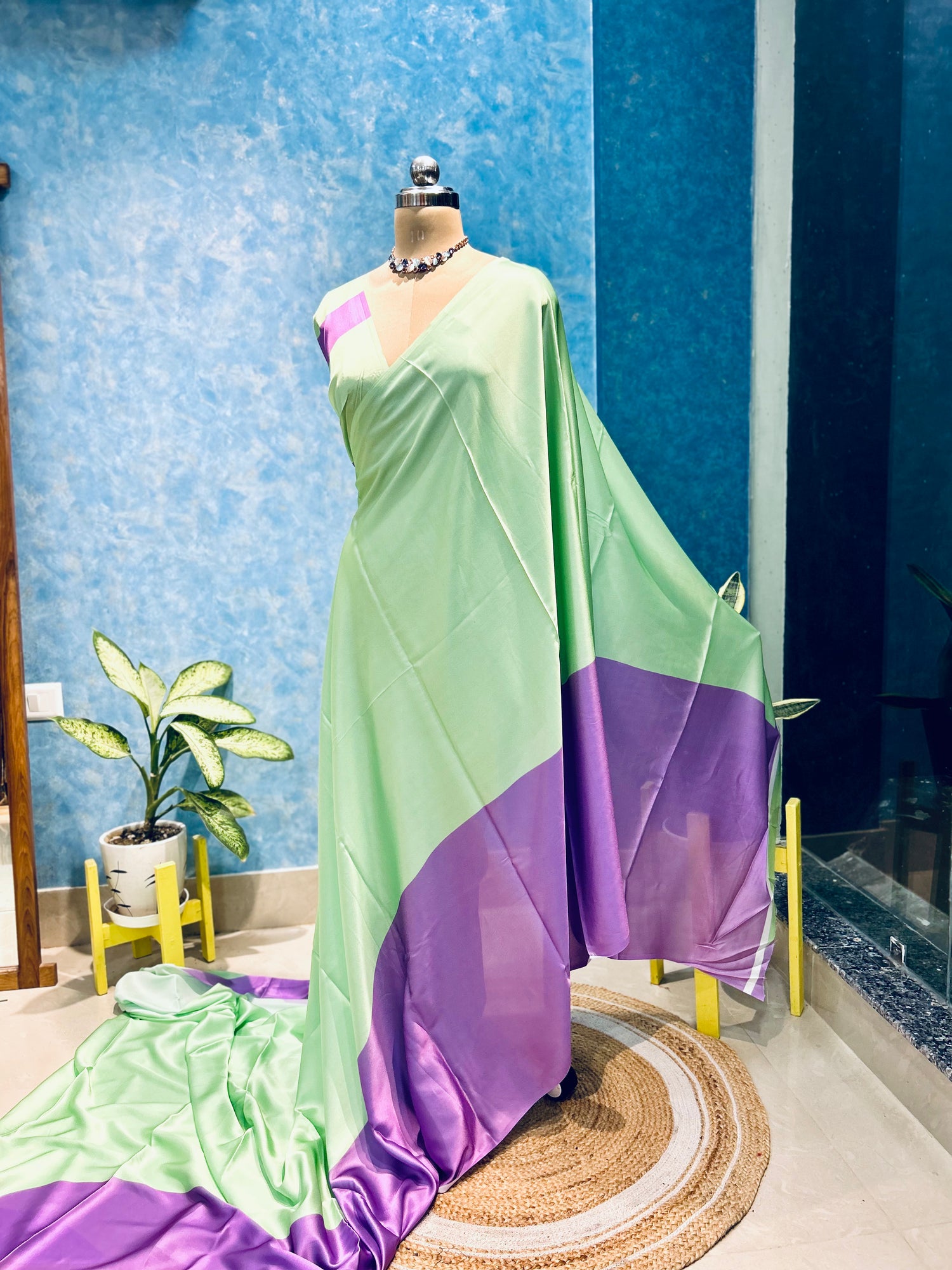 Beautiful Pista Green Satin Sari — view 3