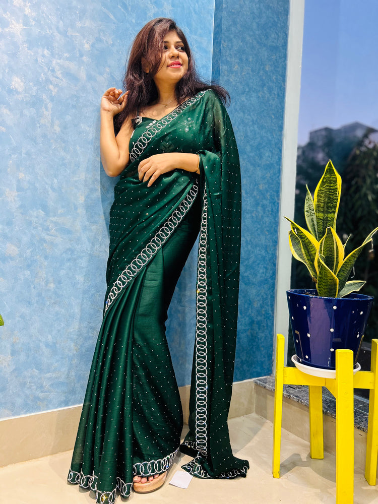 AD Stone work on Green Satin Georgette Sari