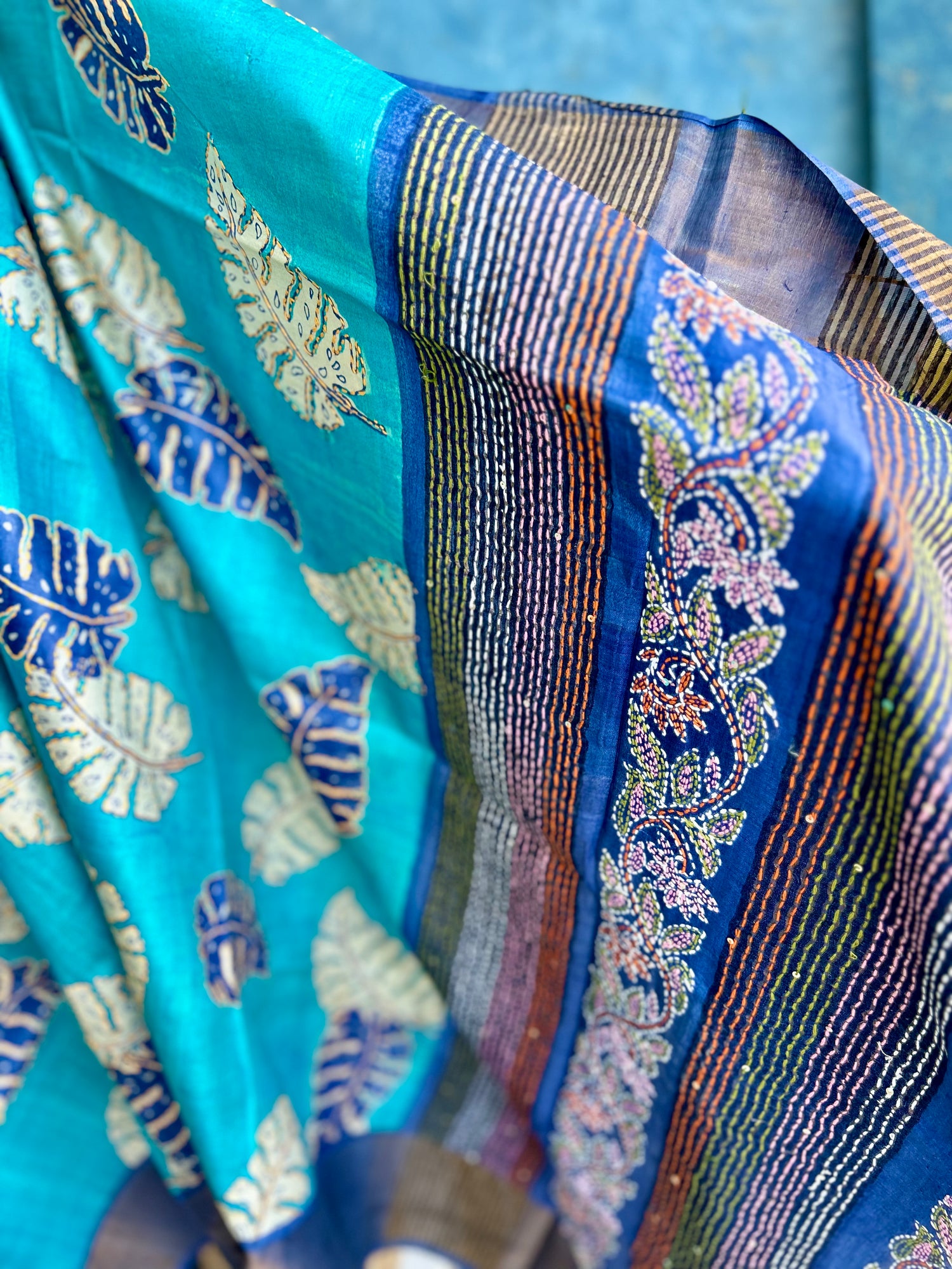 Sky Blue Handpaint with Katha Stitch on Pure Tussar Silk — view 4