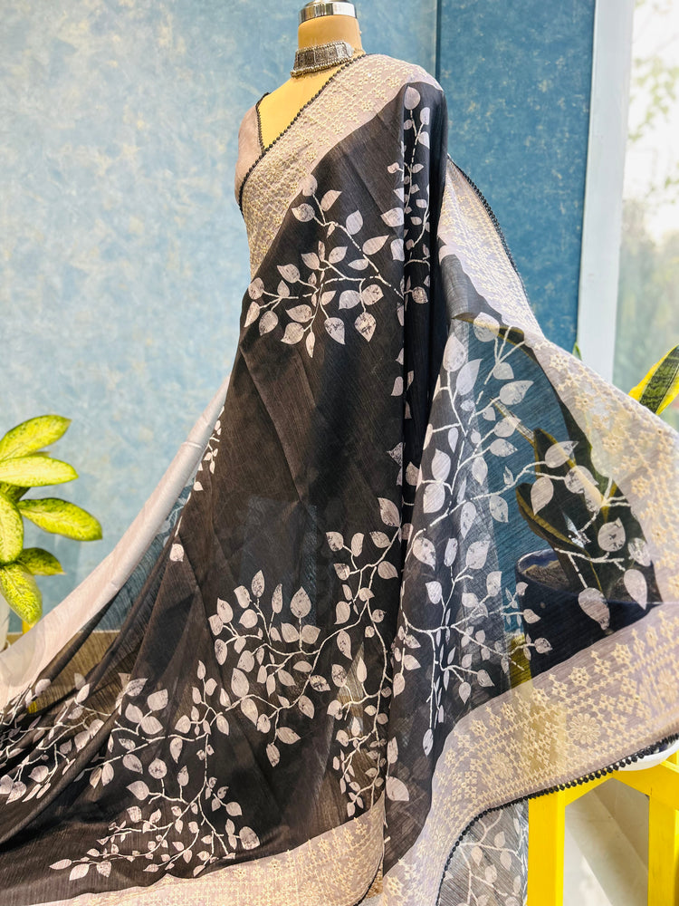 Dark Grey Embroidery And Leaf Printed Sari
