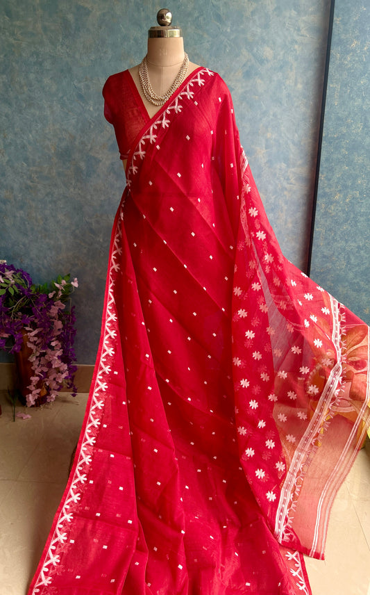Red White Soft Dhakai Jamdani