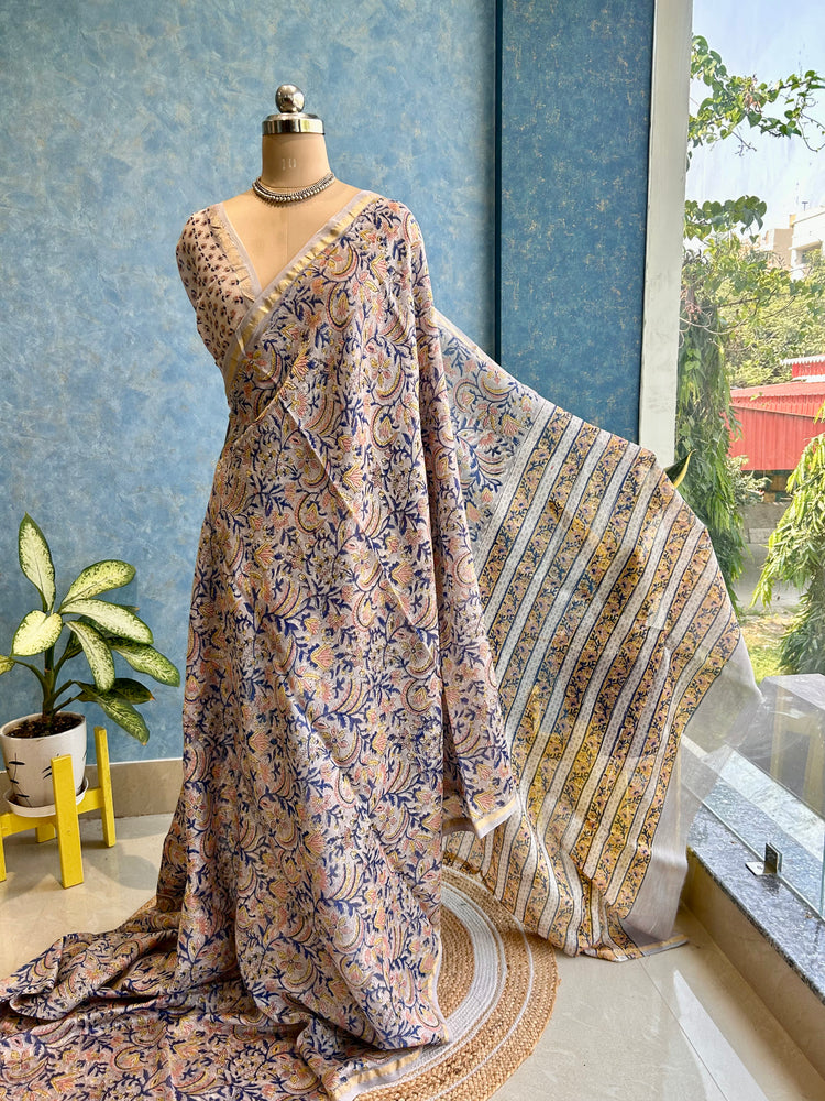 Dim Gray Hand Block Printed Chanderi Sari