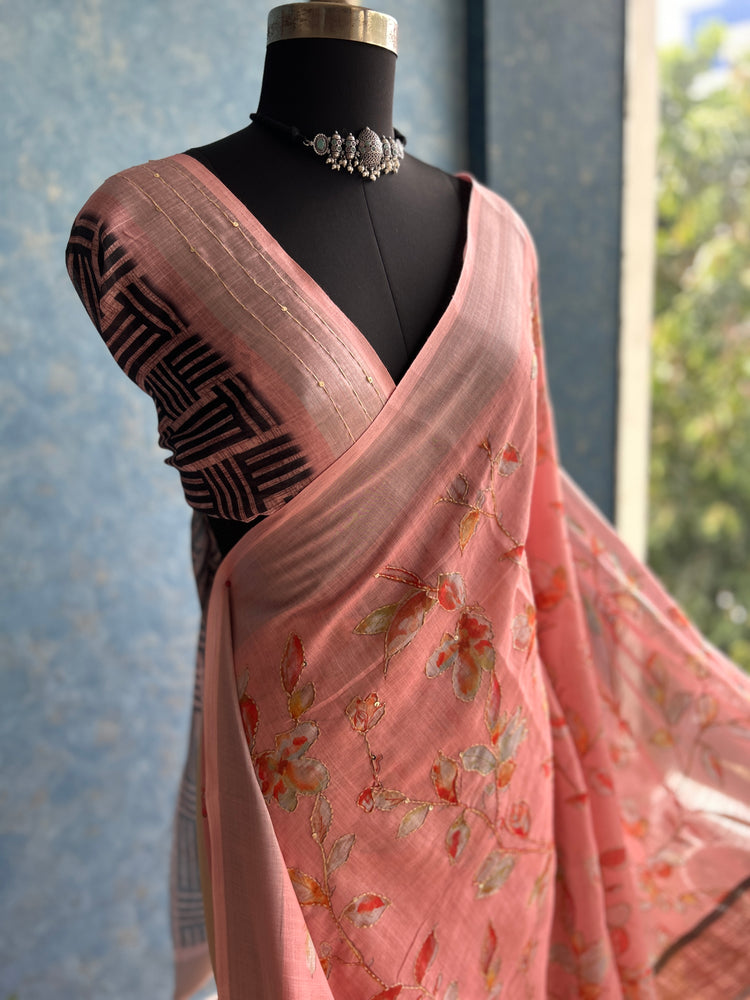 Peach Linen Digital Print with Kantha stitch