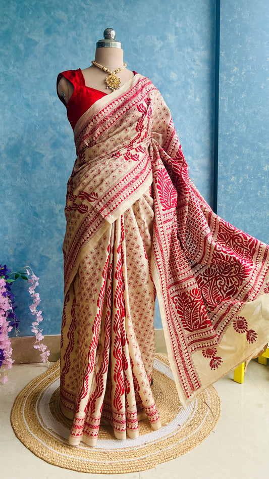 Beige Kantha Embroidery on Gachi Tusser Silk