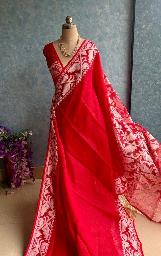 Red White Soft Dhakai Jamdani