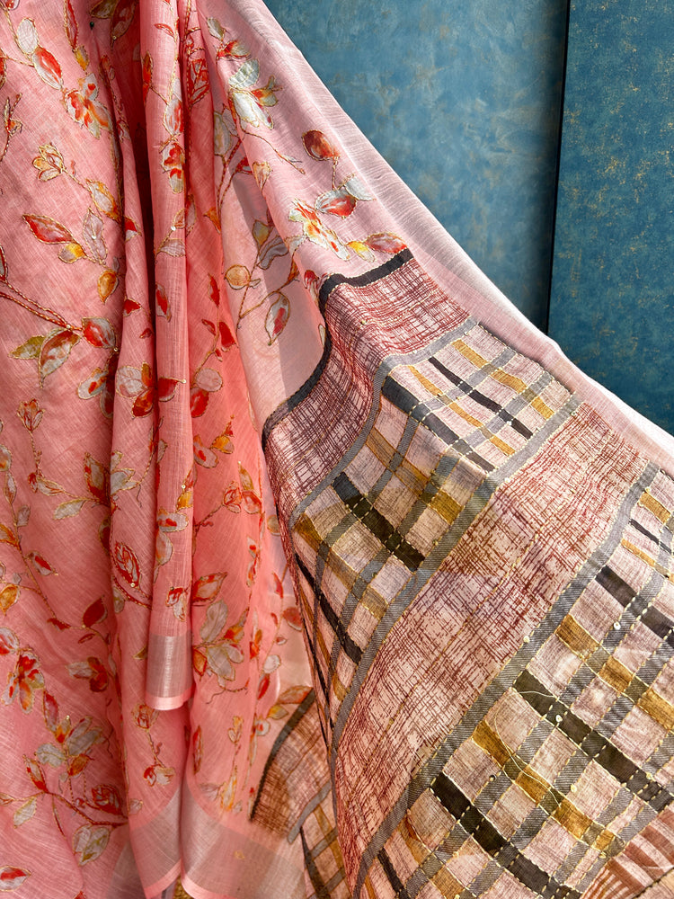 Peach Linen Digital Print with Kantha stitch