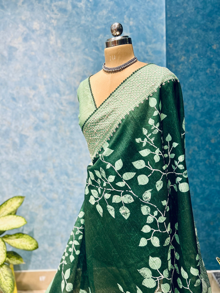 Embroidery And Leaf Printed Sari