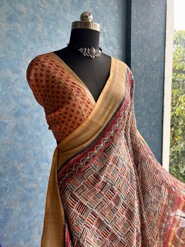 Multi color Linen Digital Print with Kantha stitch