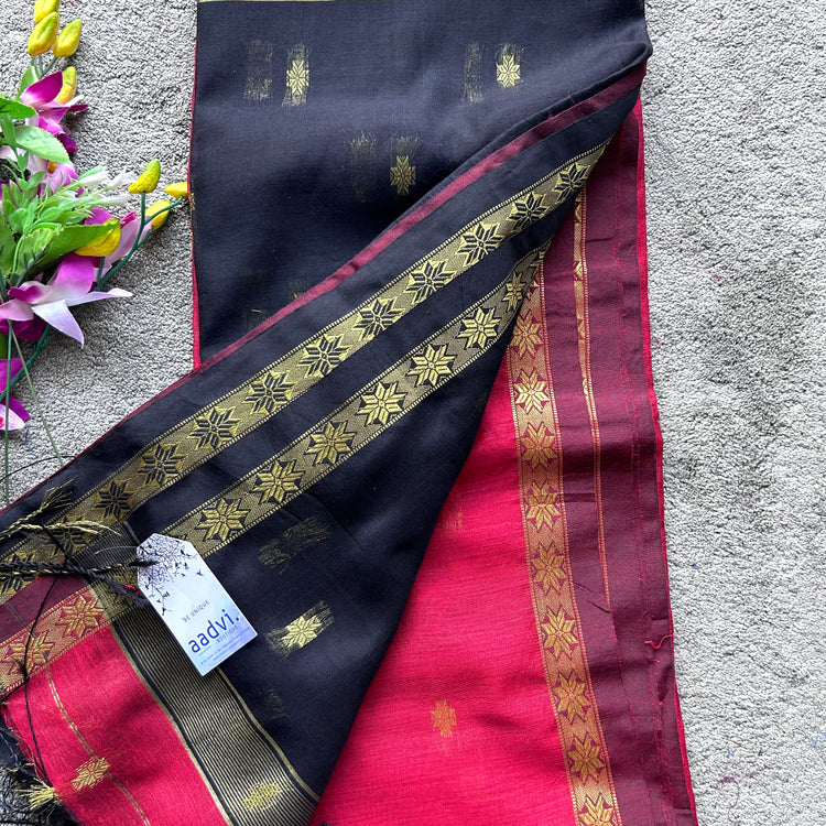 Handwoven  Red with Black Cotton Silk Sari