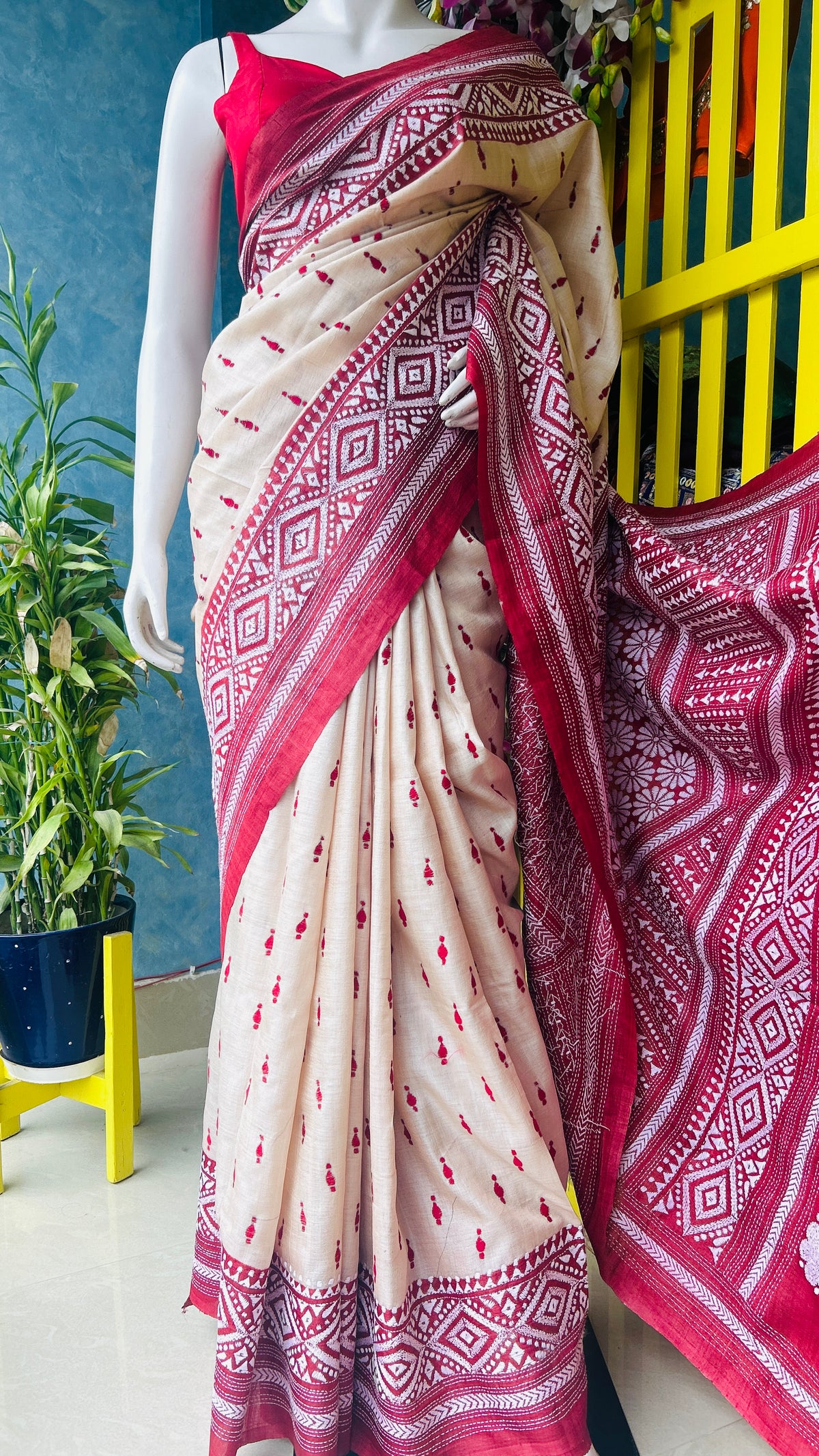 Off White Kantha Embroidery on Gachi Tusser Silk — view 5