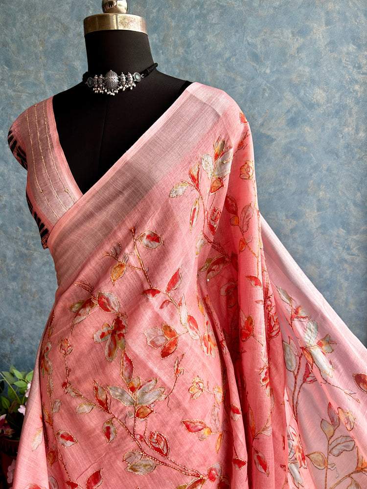 Peach Linen Digital Print with Kantha stitch