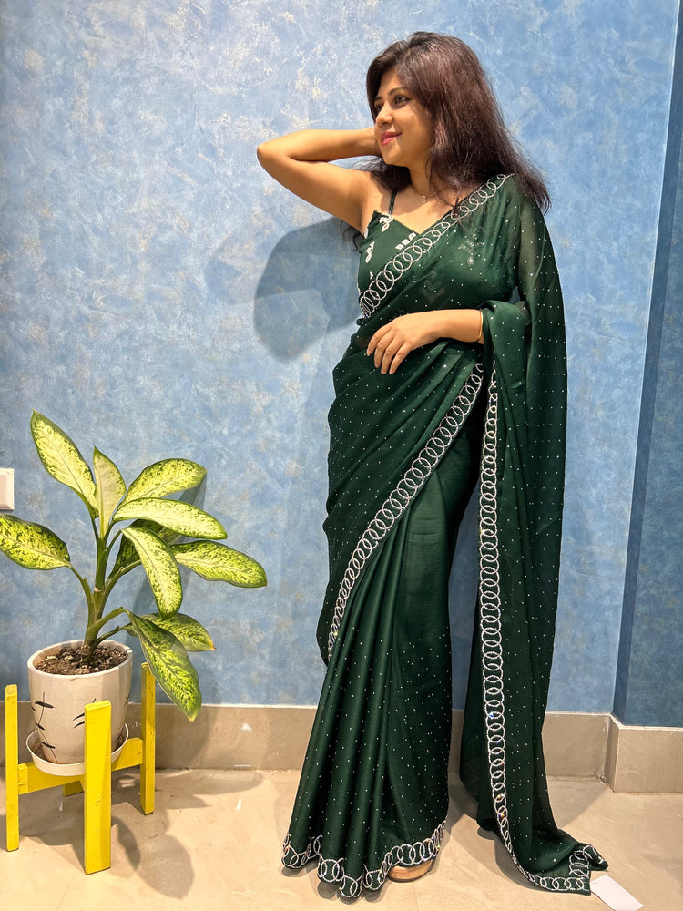 AD Stone work on Green Satin Georgette Sari