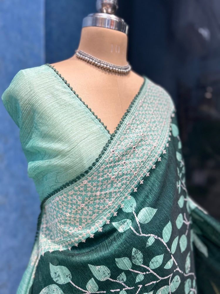 Embroidery And Leaf Printed Sari