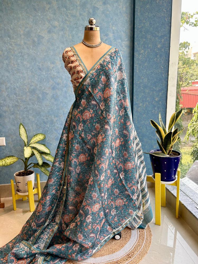 Crystal Teal Hand Block Printed Chanderi Sari