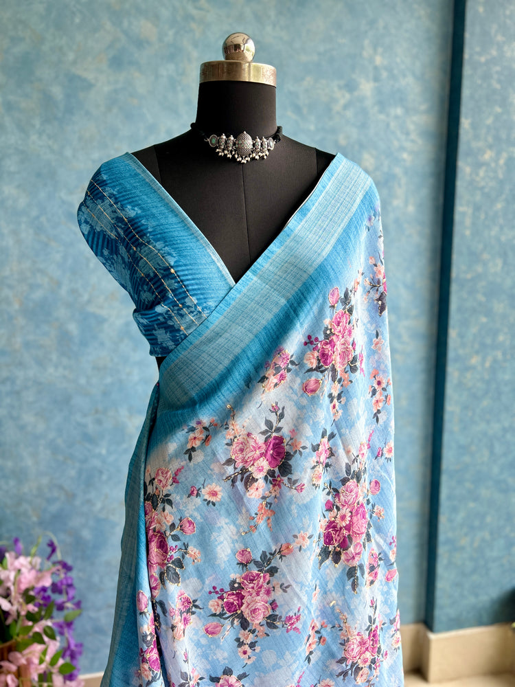 Blue Linen Digital Print with Kantha stitch