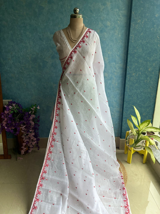 White Red Soft Dhakai Jamdani