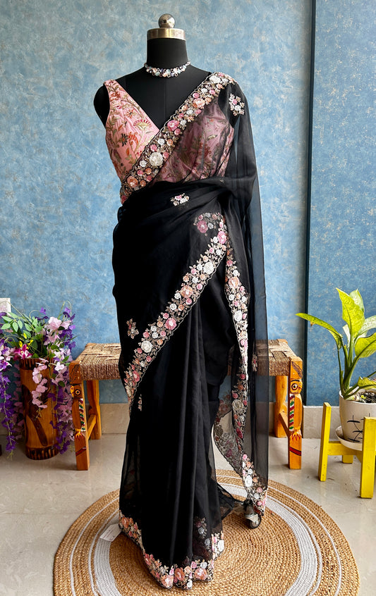 Black Hand Embroidery on Organza Sari