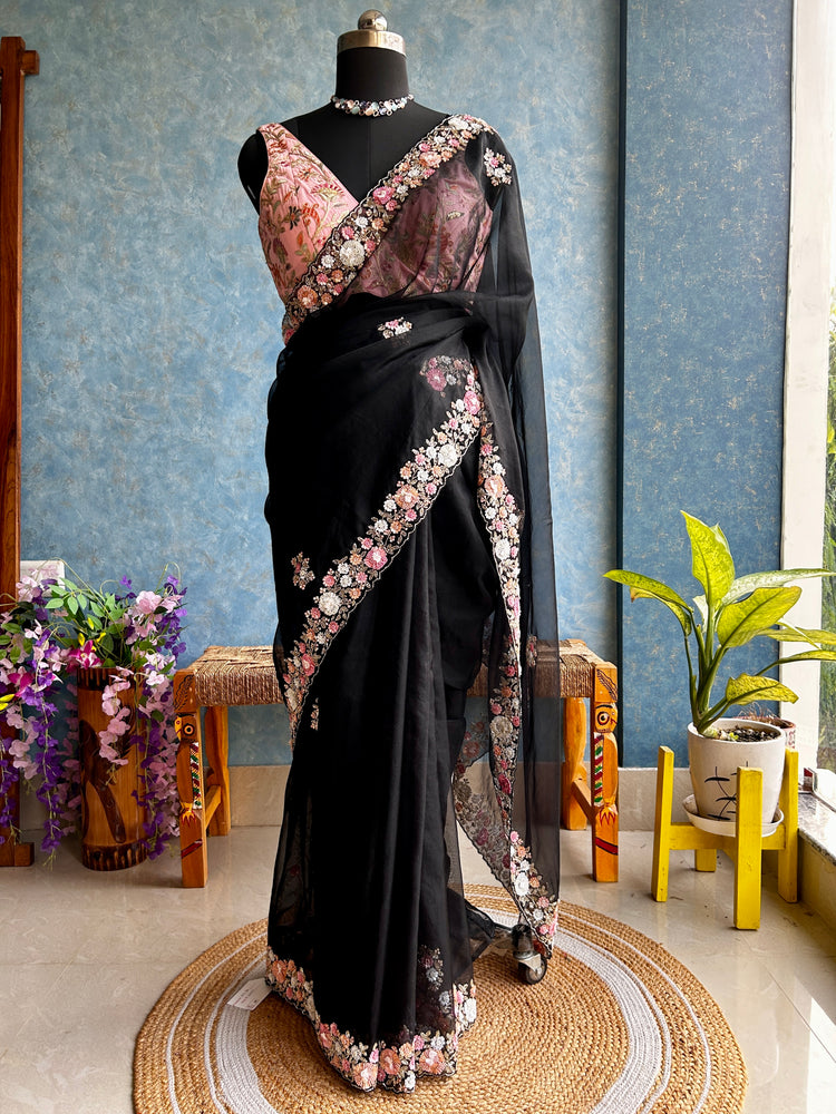 Black Hand Embroidery on Organza Sari