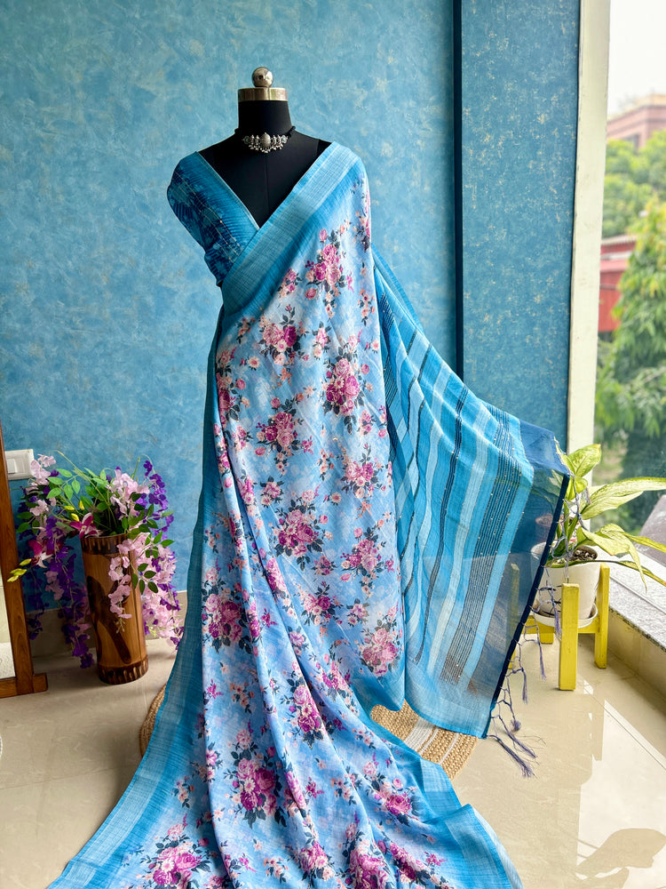 Blue Linen Digital Print with Kantha stitch