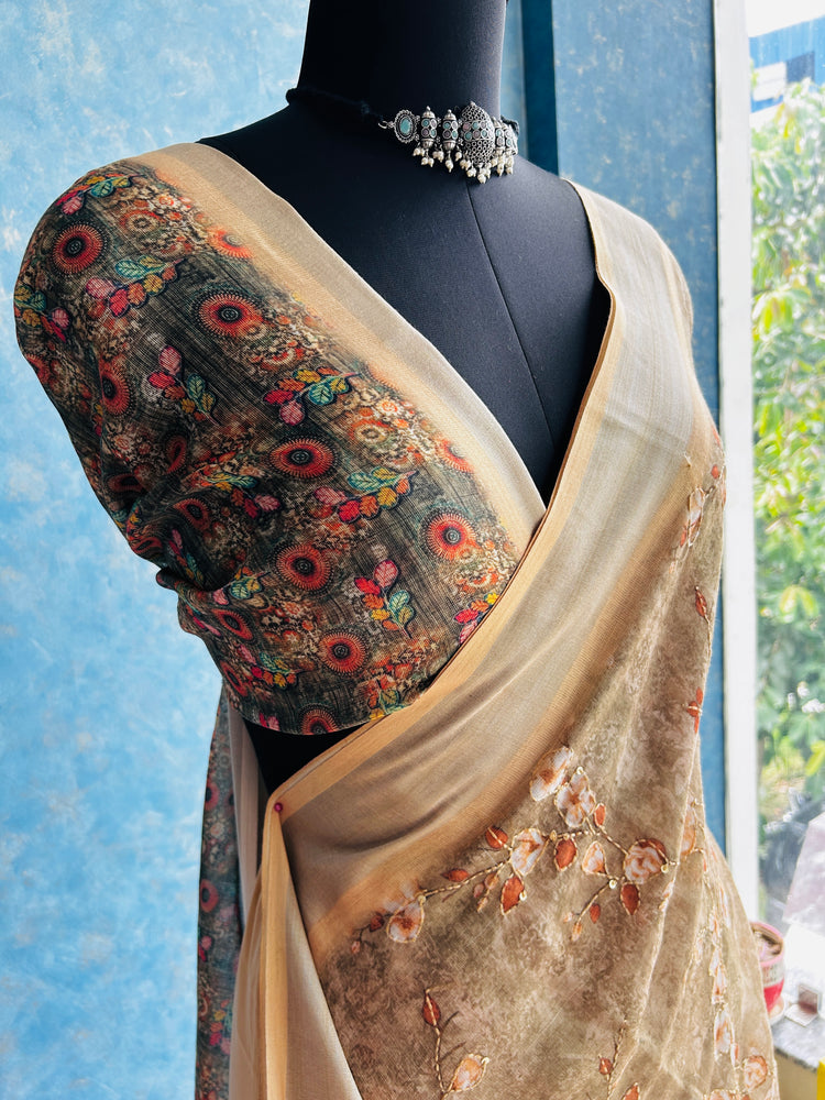 Chiku Linen Digital Print with Kantha stitch