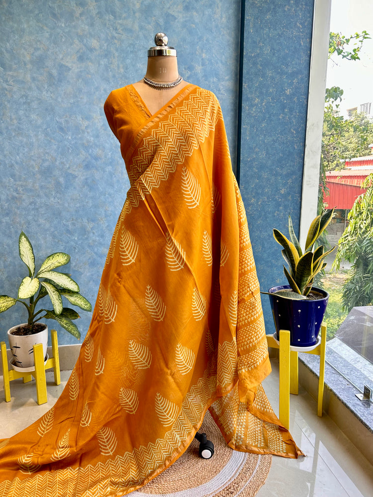 Canary Hand Block Printed Chanderi Sari