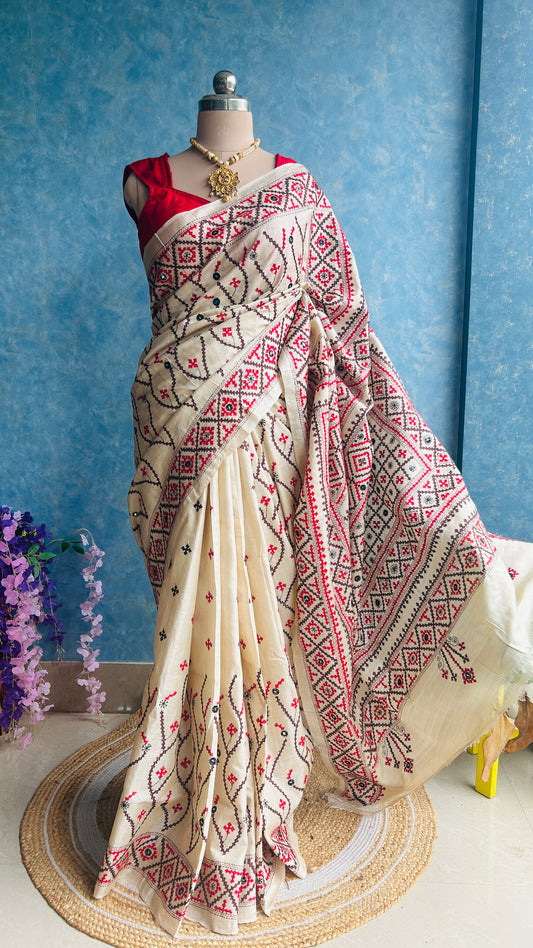 Off White Hand Embroidered Kutch and Mirror Work Gachi Tusser Silk
