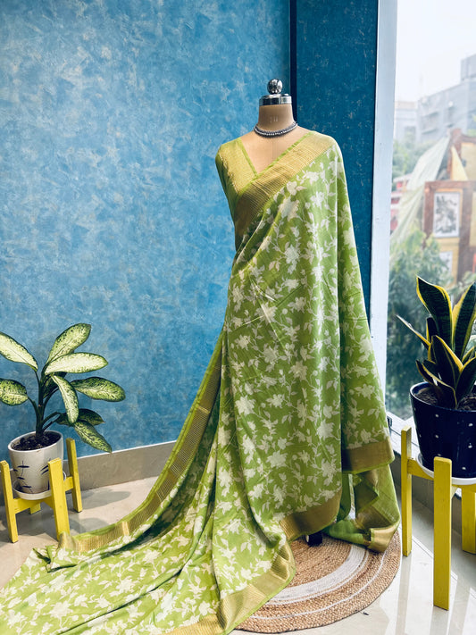 Lime Green Floral Spun Chanderi Sari