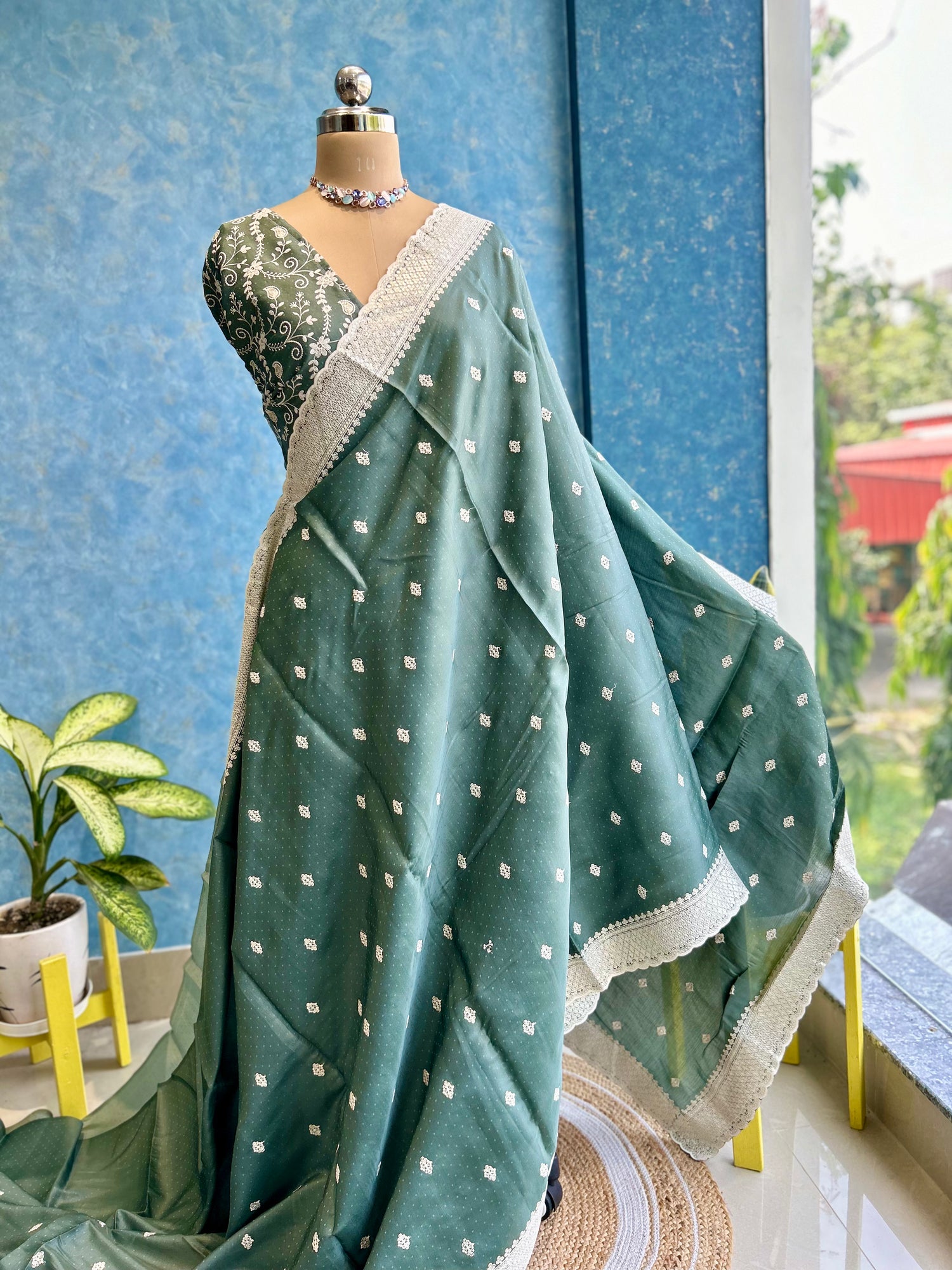 Clearspring Green Embroidery Sari — view 3