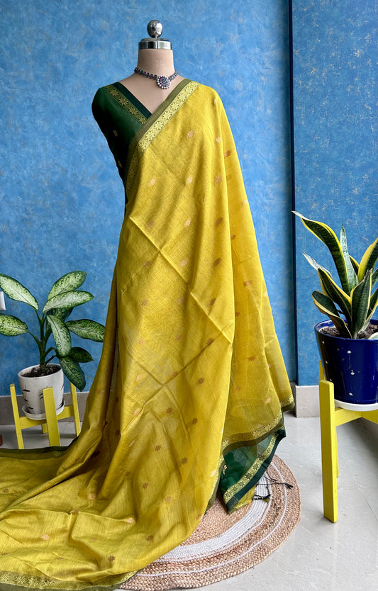 Handwoven Gold Yellow with Green Cotton Silk Sari