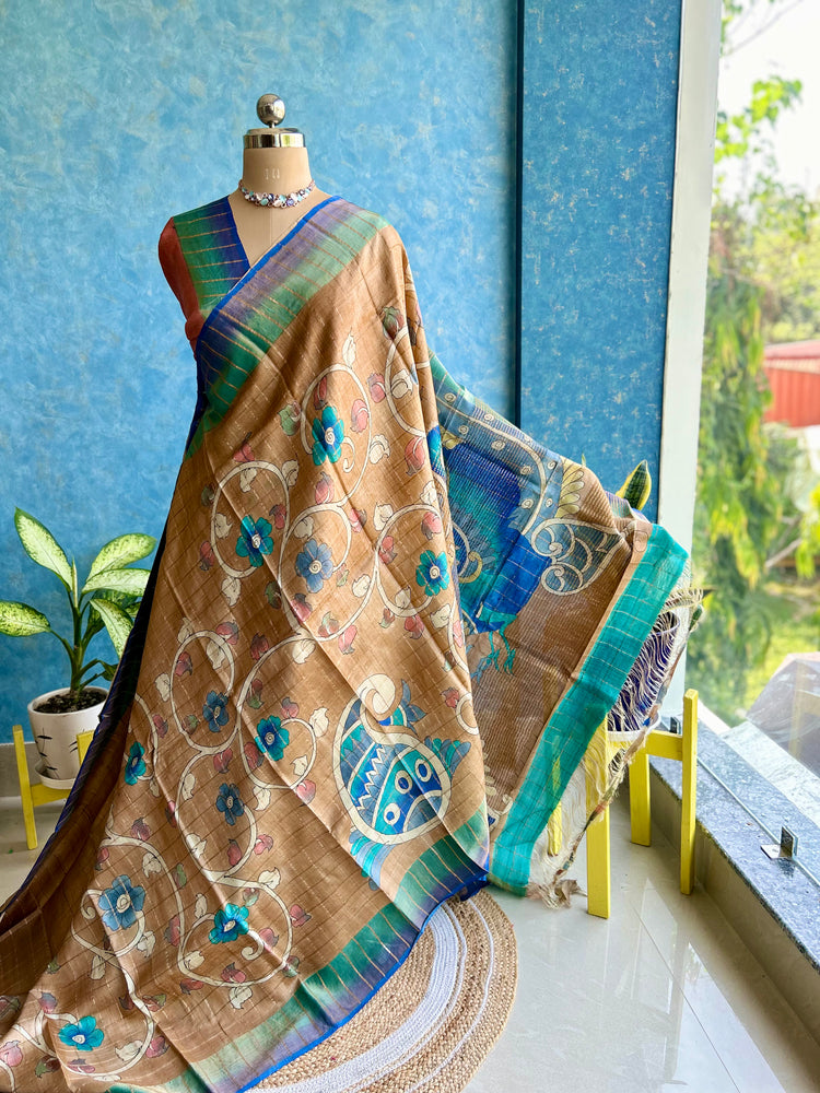HandPaint Kalamakari on Pure Tussar Silk