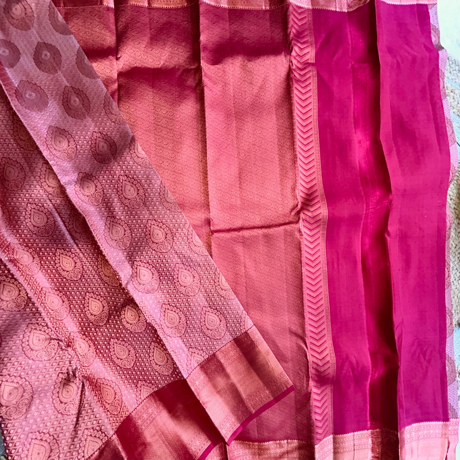 Peachy Maroon Kanchipuram Silk Sari — view 4