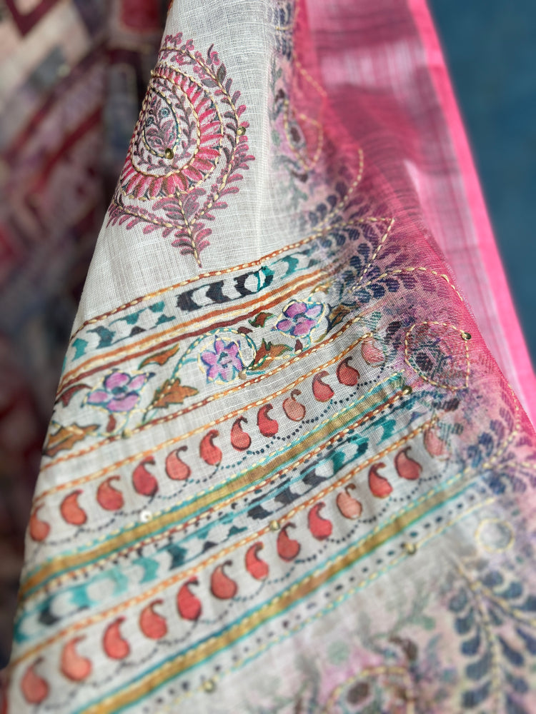 Linen Digital Print with Kantha stitch