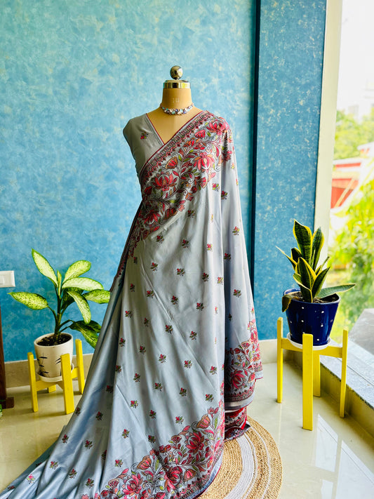 Silverish Grey Embroidery Sari