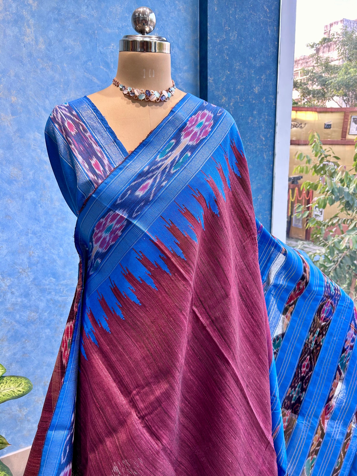 Blue Ikkat Border on Pure Ghicha Silk — view 2