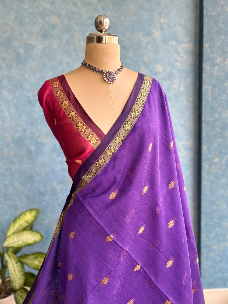 Handwoven Purple with Magenta Cotton Silk Sari