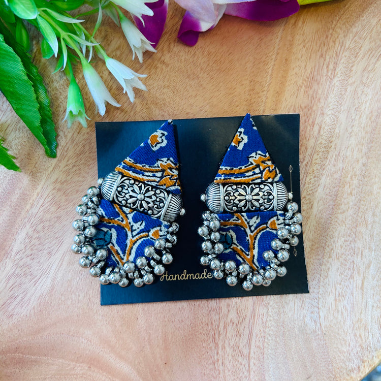 Handcrafted Ajrakh Blue Fabric Earrings
