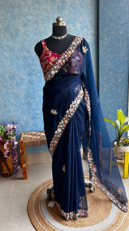 Midnight Blue Hand Embroidery on Organza Sari