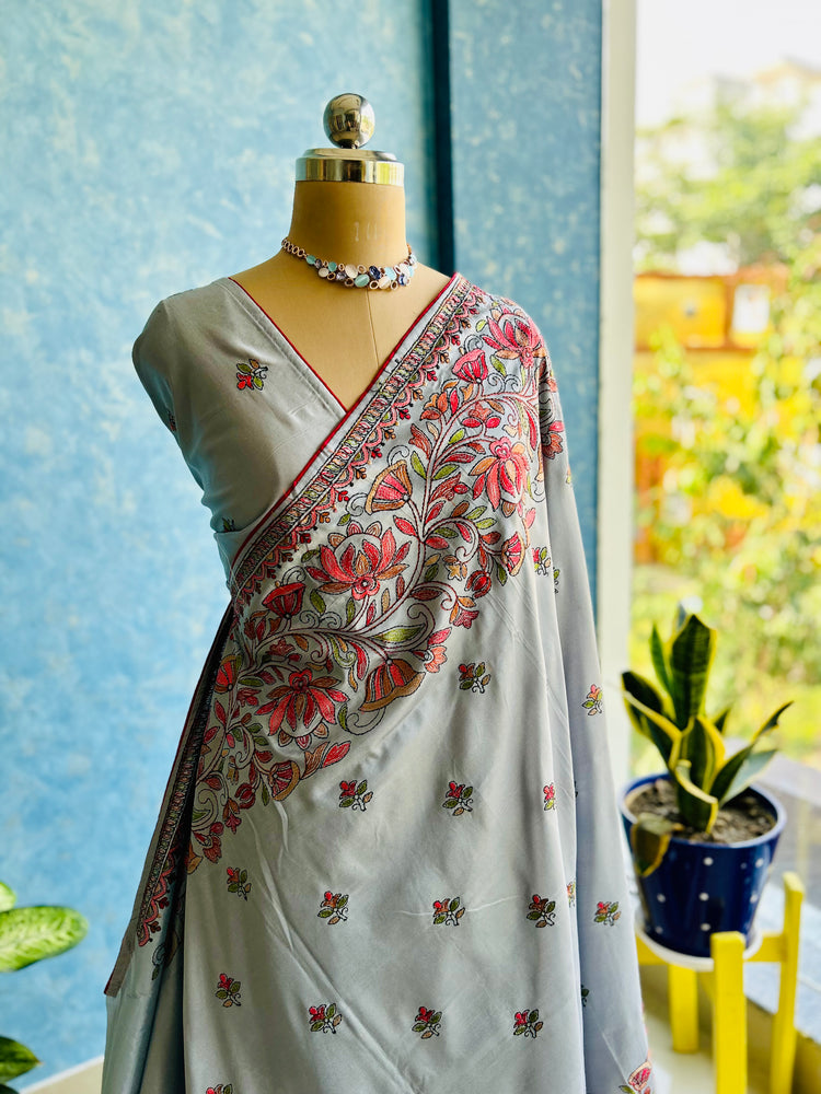 Silverish Grey Embroidery Sari